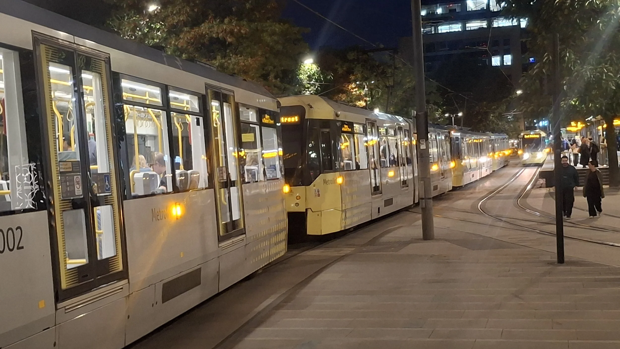Queue of trams at St Peter's Square Platform C due to tram fault ahead at Market Street, 2 October 2026.