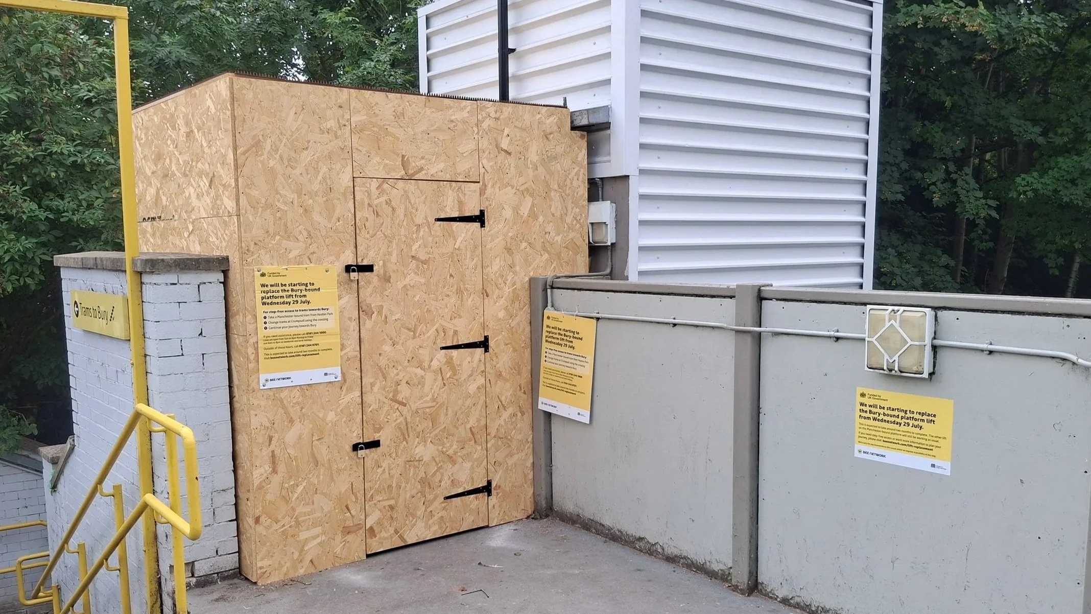Boarded up and closed lift at Heaton Park Metrolink, 4 August 2026.