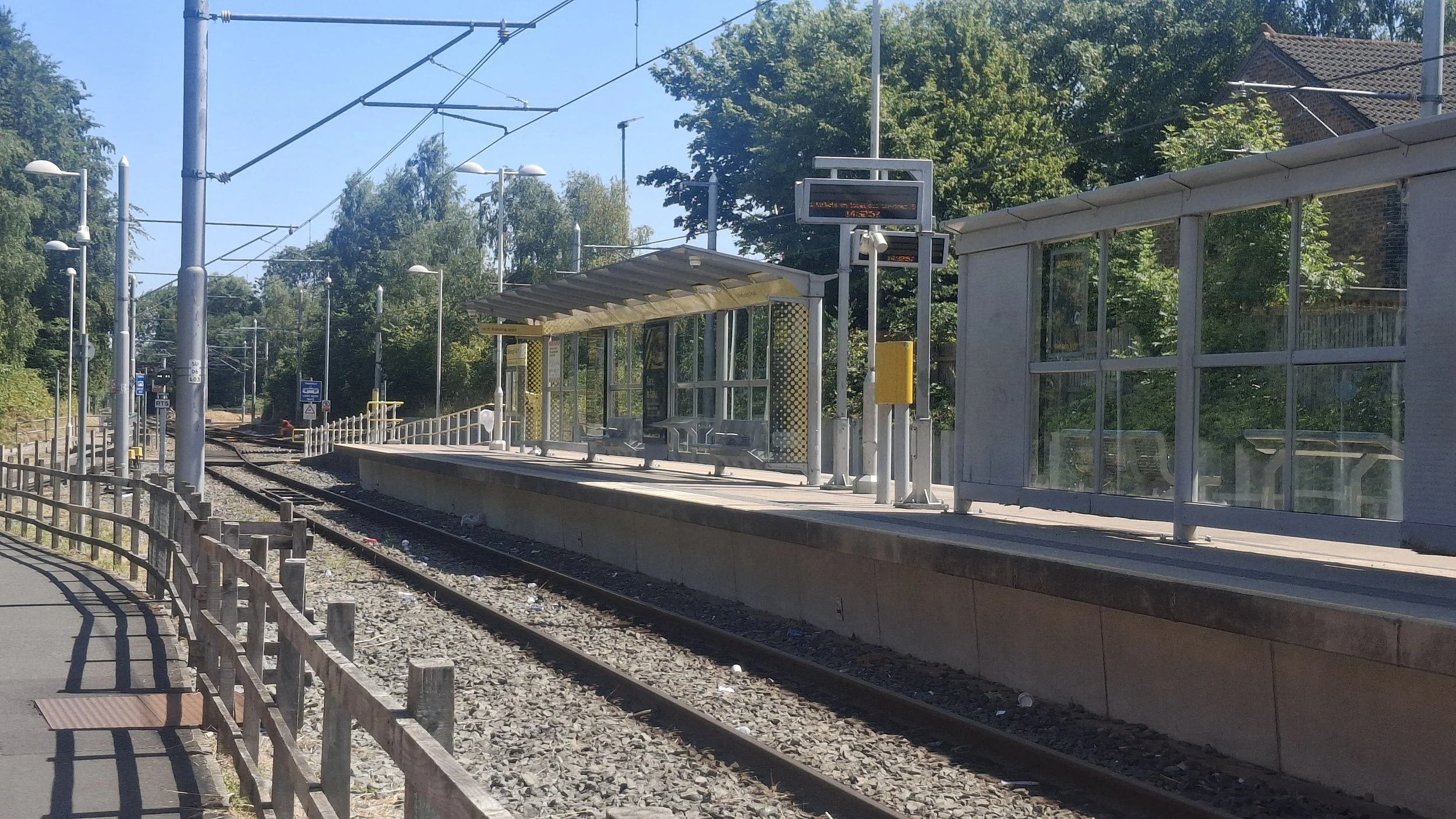 A deserted St Weburgh's Road Metrolink tram stop - 12 July 2026.