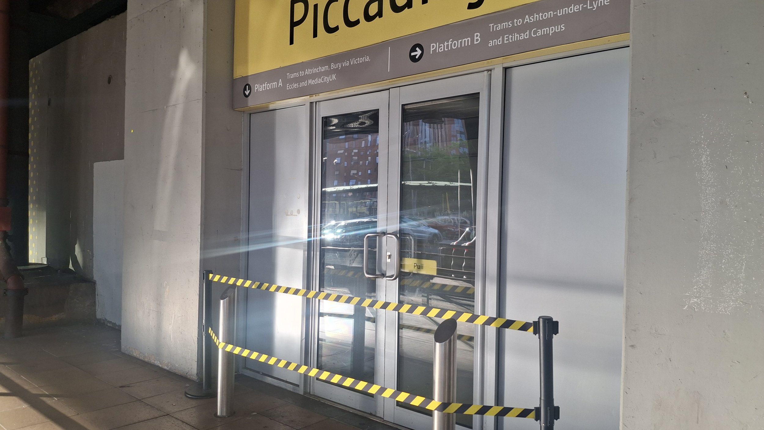 Improvement works, closed off entrance to Metrolink Piccadilly Platform A, 28 September 2026.