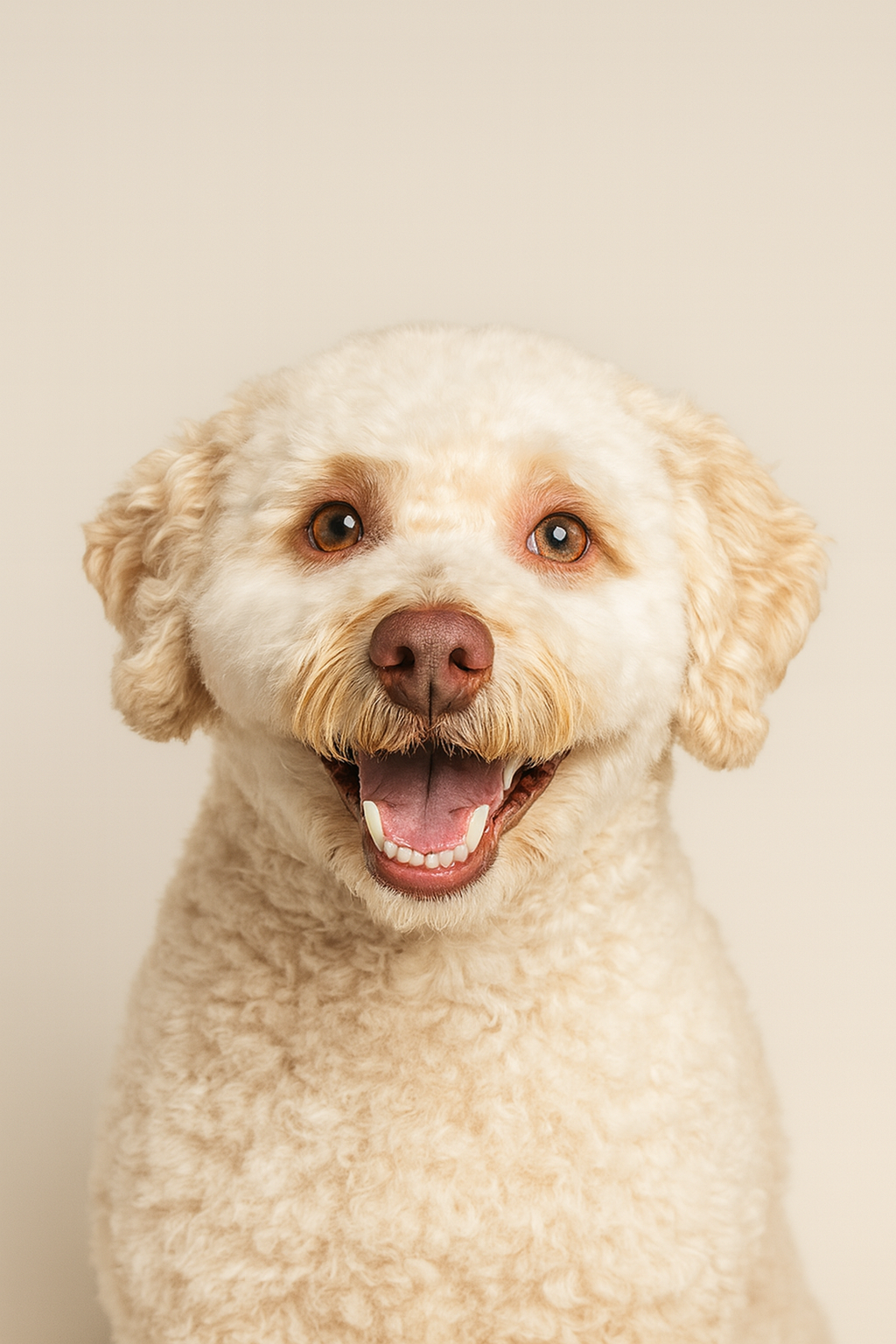 A happy cream-colored curly-coated dog with light brown eyes, smiling, against a plain beige background.