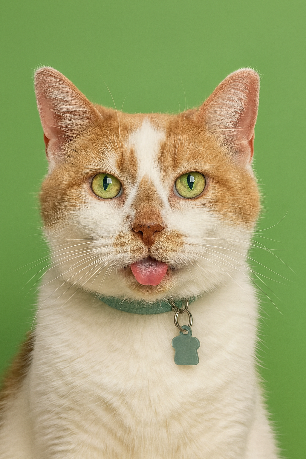 Close-up of a ginger and white cat with green eyes and its tongue sticking out, wearing a blue collar with a bone-shaped tag, against a green background.
