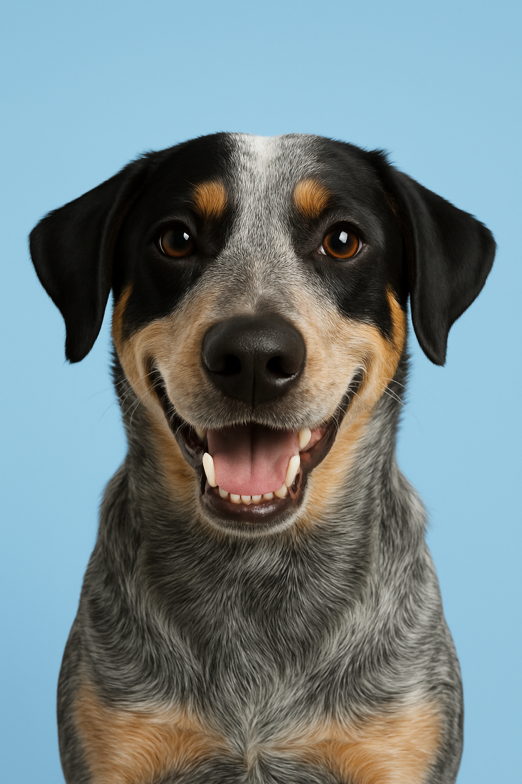 A happy, smiling dog with black, gray, and tan fur against a light blue background.