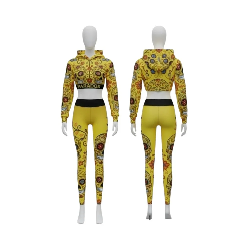 Yellow Sugar Skull Crop Hoodie & Legging Set