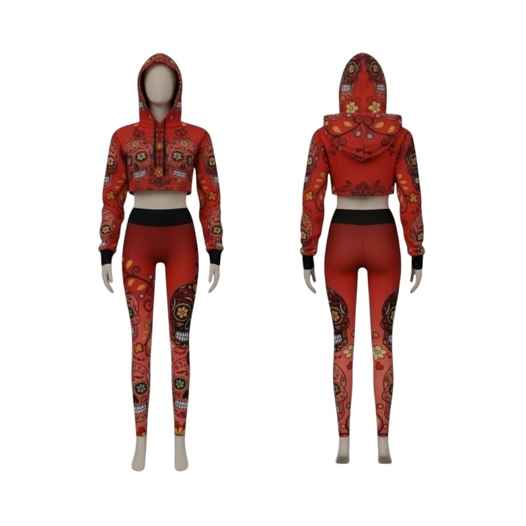 Red Hooded Sugar Skull Crop Hoodie & Legging Set
