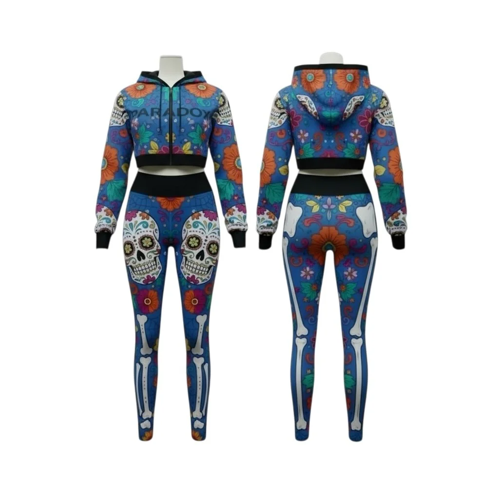 Blue Floral Sugar Skull Crop Hoodie & Legging Set