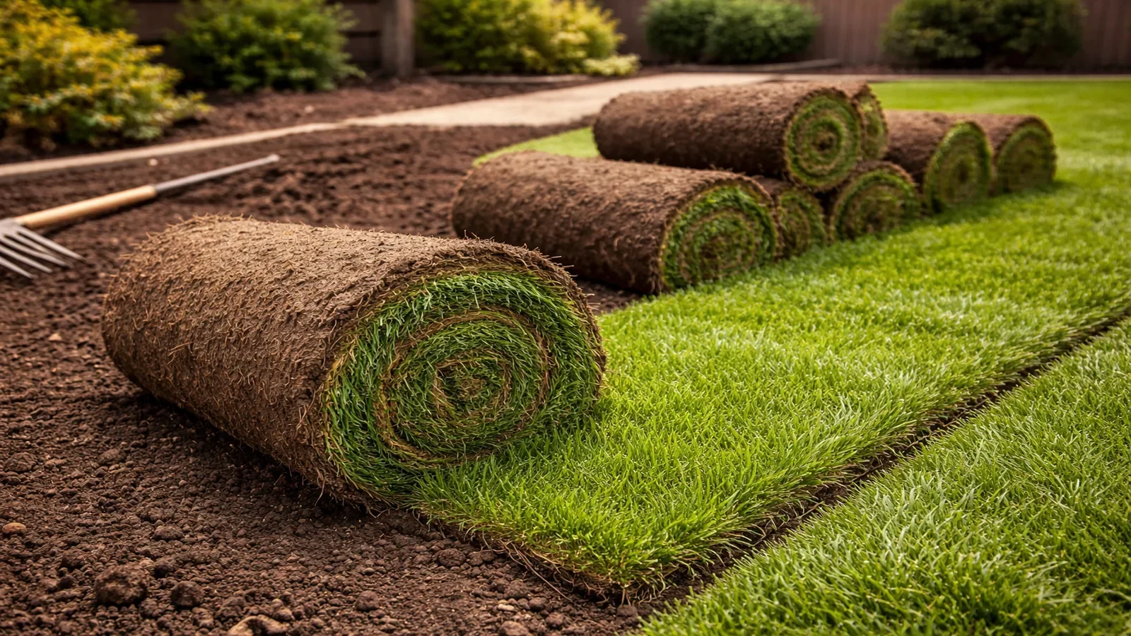 Fresh sod installation with rolled grass being laid over prepared soil at a residential property in Calgary