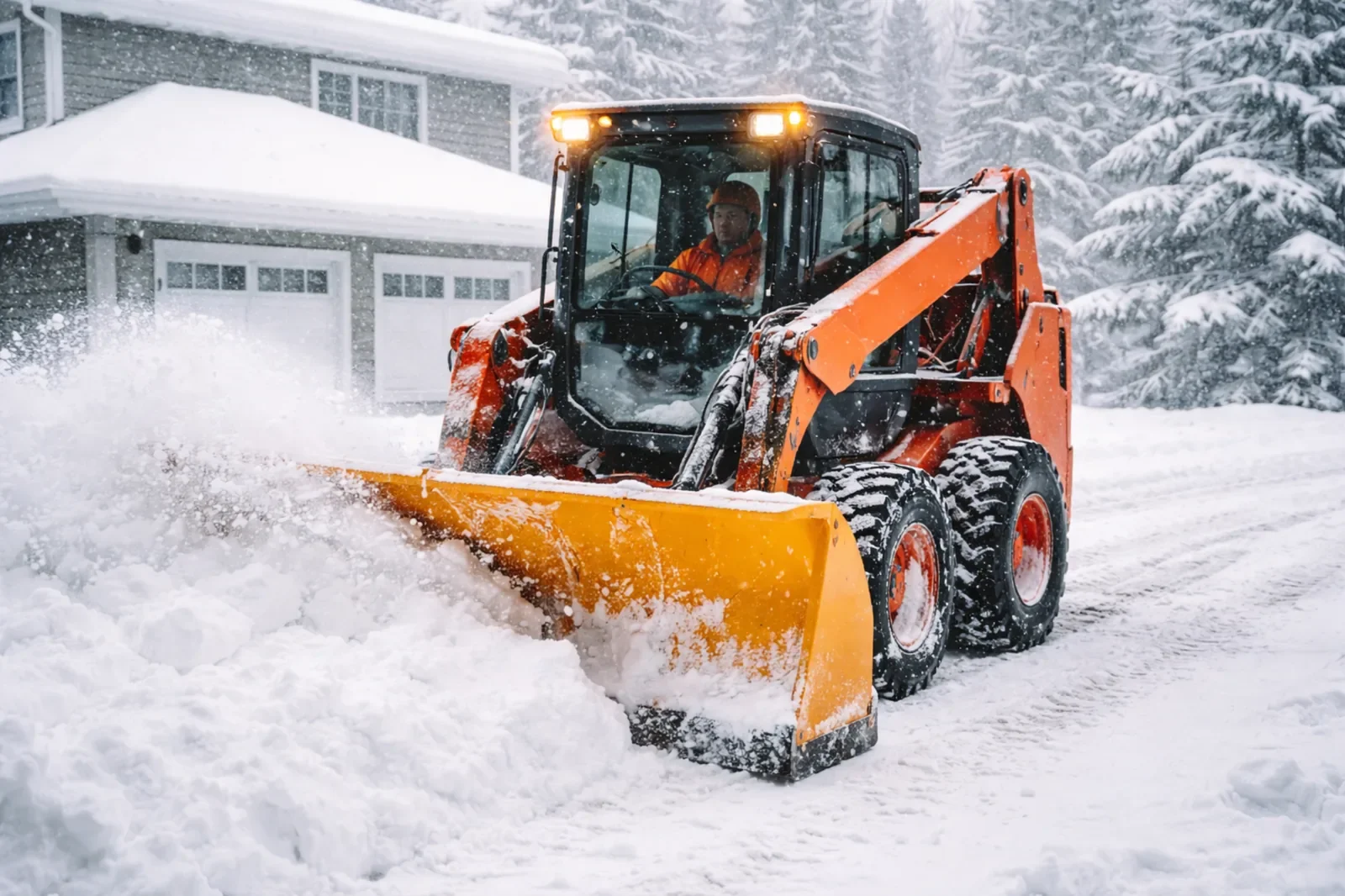 Snow removal service using heavy equipment to clear a residential driveway during a winter storm in Calgary