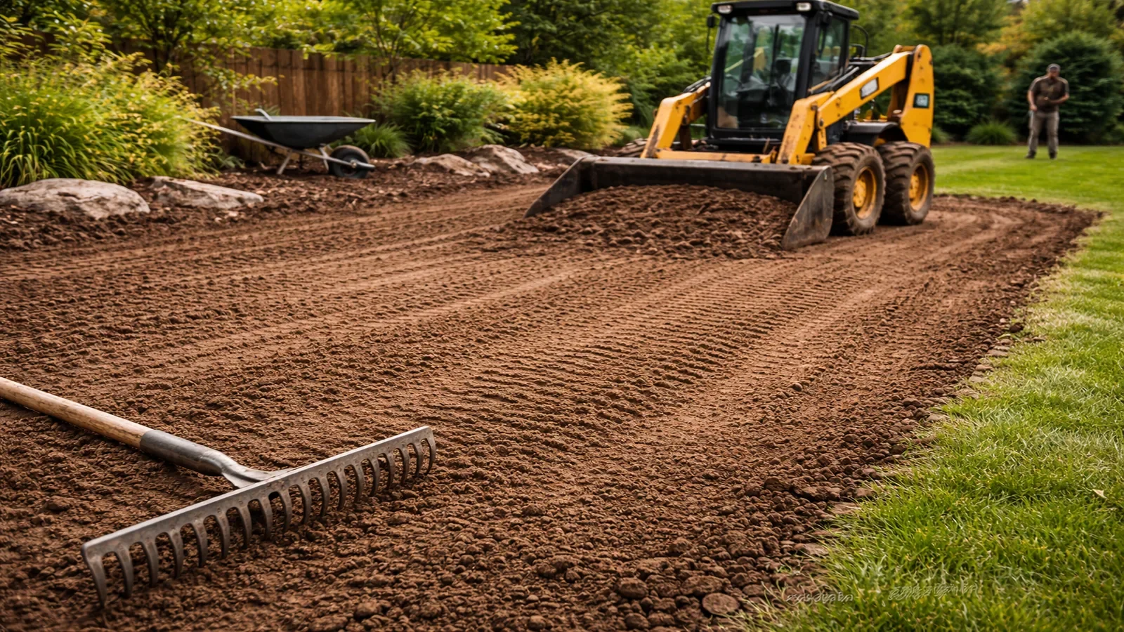 Yard leveling and grading work using professional equipment to prepare a residential lawn in Calgary
