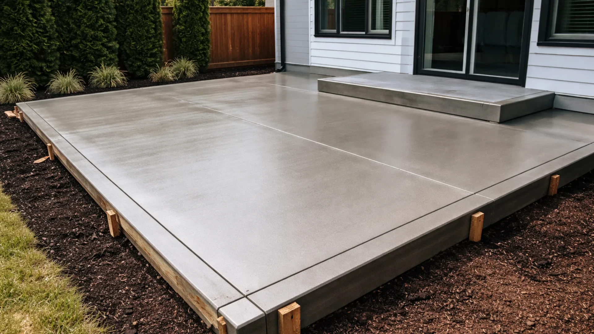 Finished concrete patio with smooth surface and clean edges showcasing professional residential concrete work