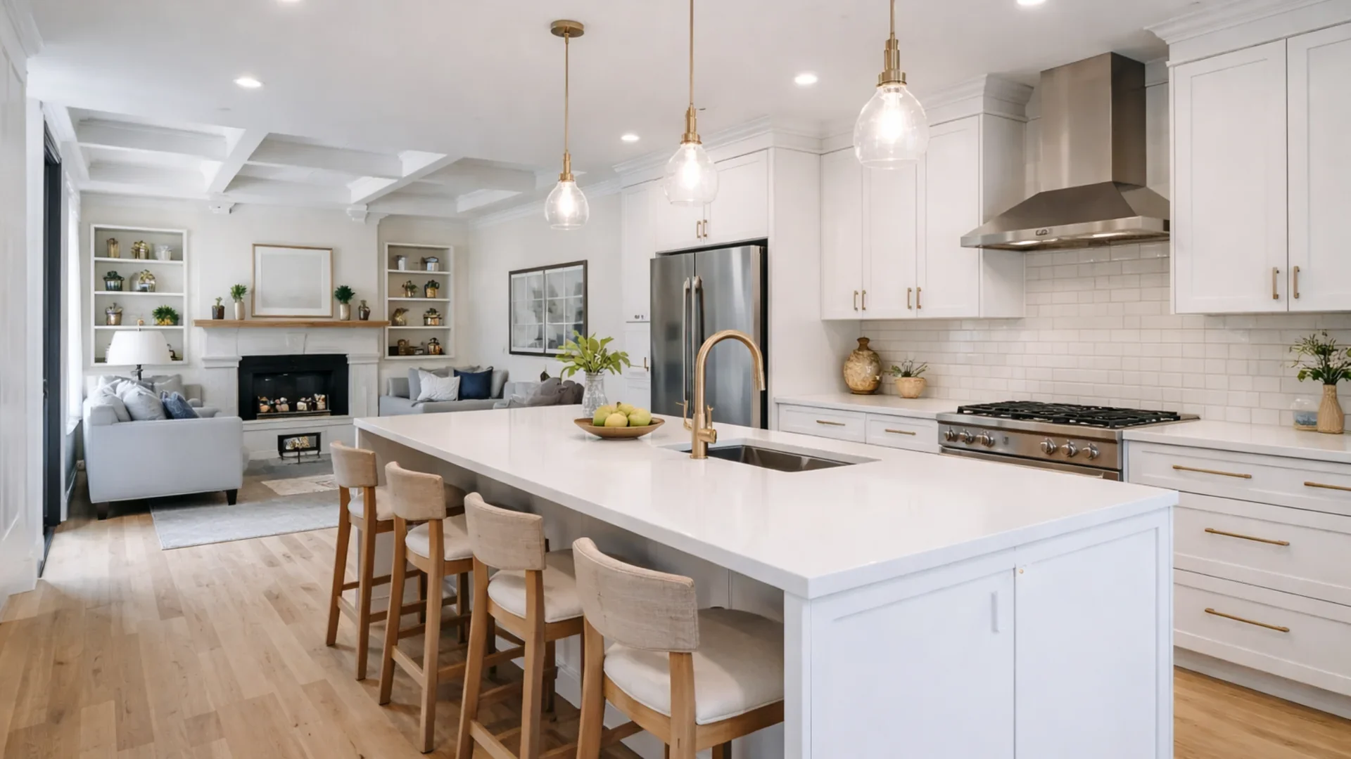 Modern home renovation featuring a bright custom kitchen with large island, pendant lighting, and open concept living space