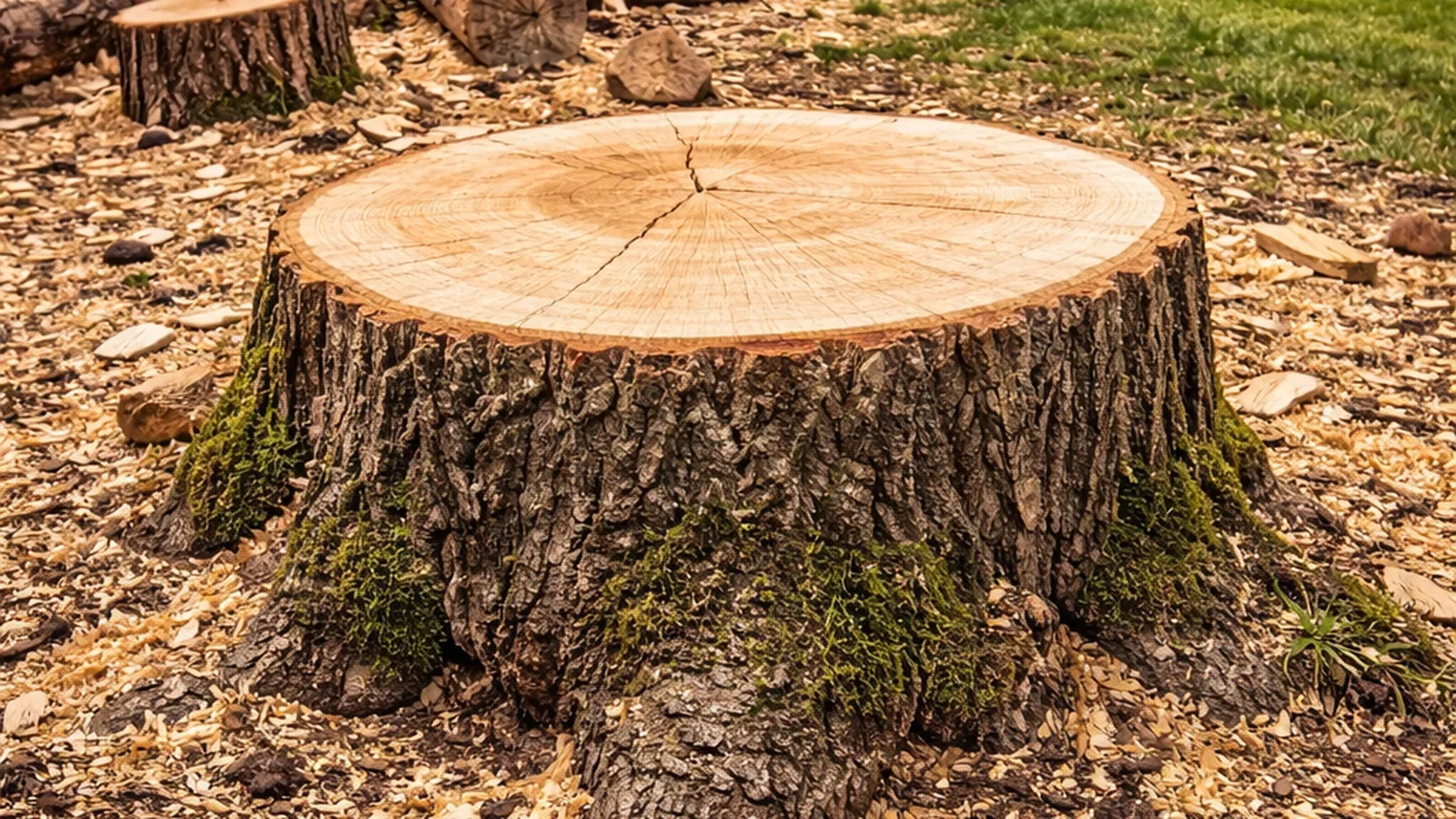 Freshly cut tree stump after professional stump removal at a residential property in Calgary