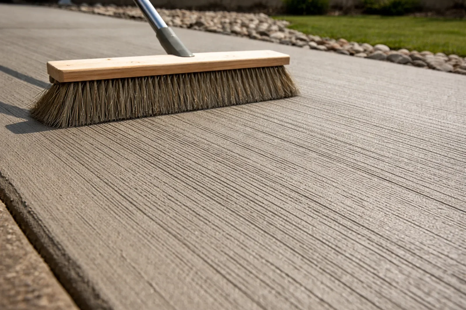 Broom-finished concrete driveway surface with clean textured finish