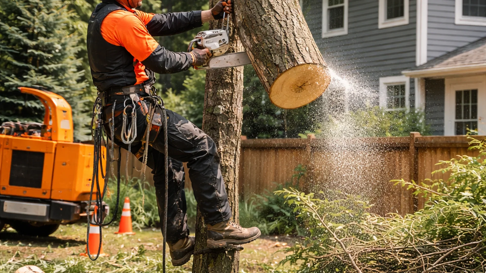 Professional tree removal service with certified arborist safely cutting a tree on a residential property
