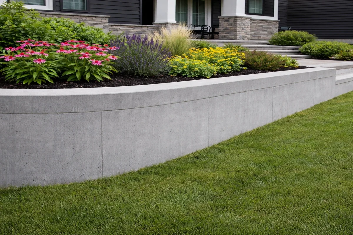 A landscaped front yard featuring a curved concrete retaining wall with a flowerbed filled with colorful flowers and plants. There is a green lawn in the foreground and a house with stone and dark siding in the background.