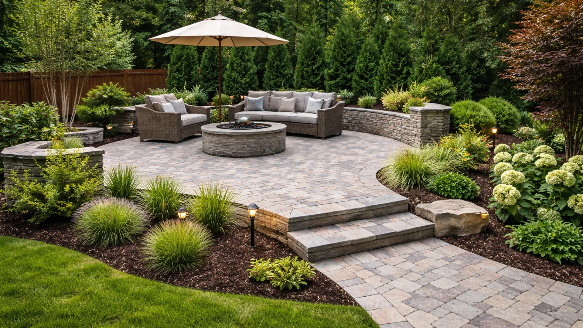 Professionally landscaped backyard patio with stone pavers, seating area, and clean modern garden design