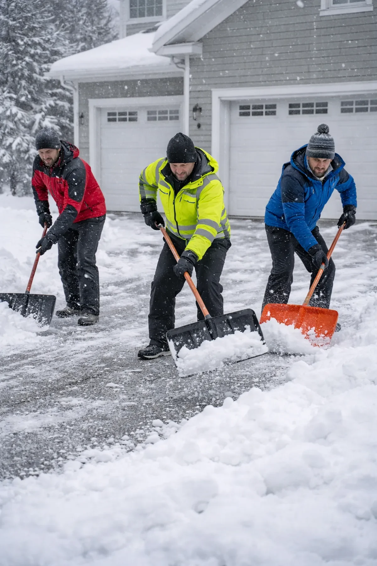 One-time residential snow removal service with crew clearing a driveway using shovels in Calgary