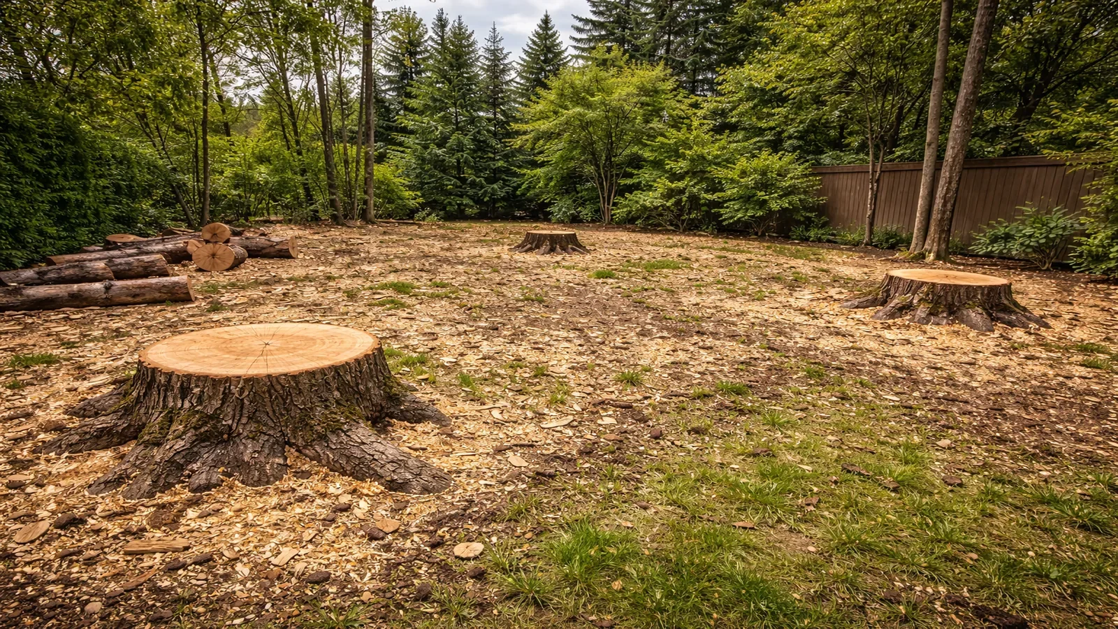 Residential yard after professional tree removal showing cleared ground and cut tree stumps in Calgary