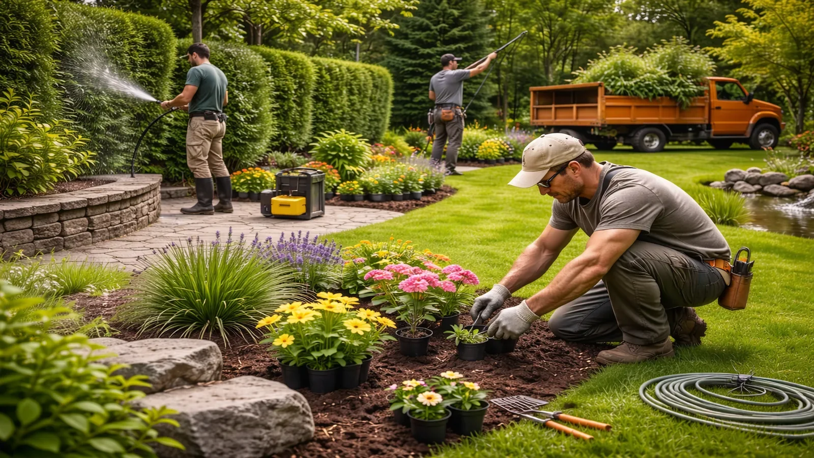 Landscaping crew performing various services including planting, hedge trimming, and garden maintenance at a residential property in Calgary