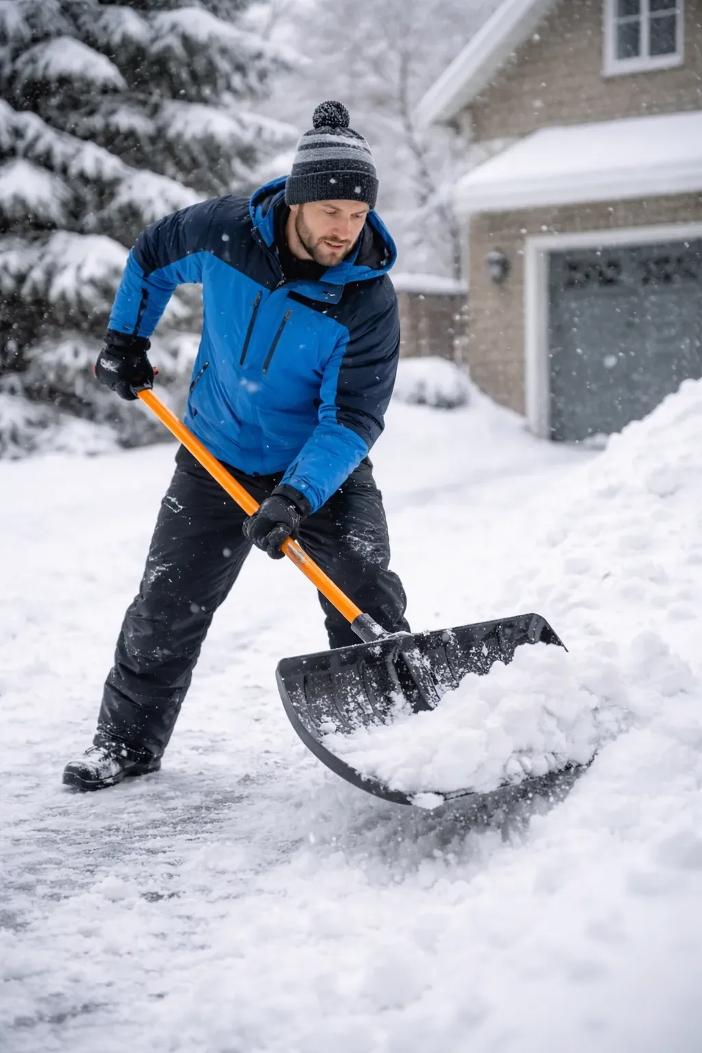 Residential snow removal service in Calgary with worker shoveling driveway in winter