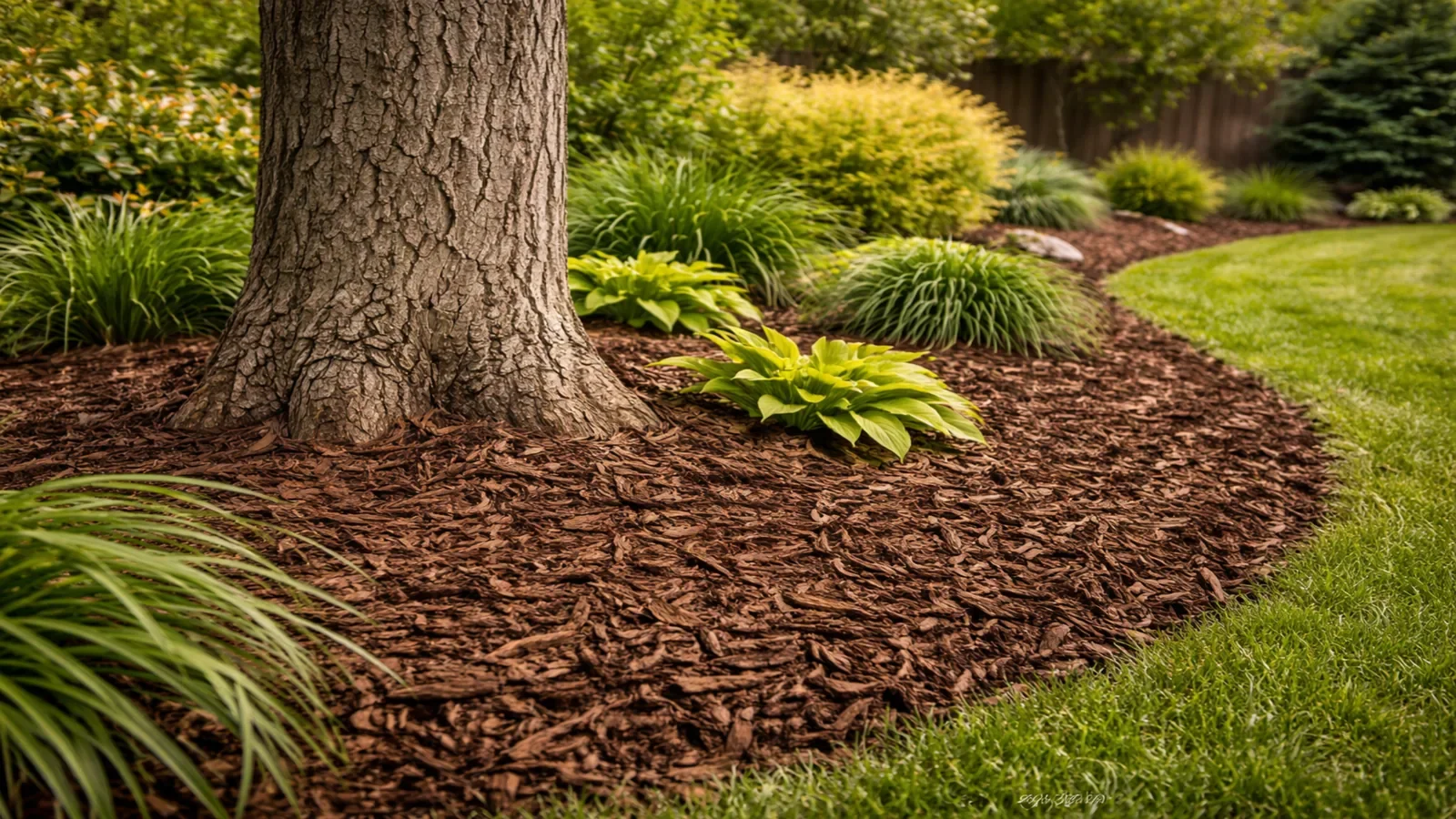 A landscaped garden with a large tree trunk, green plants, and freshly mulched soil surrounded by green grass.