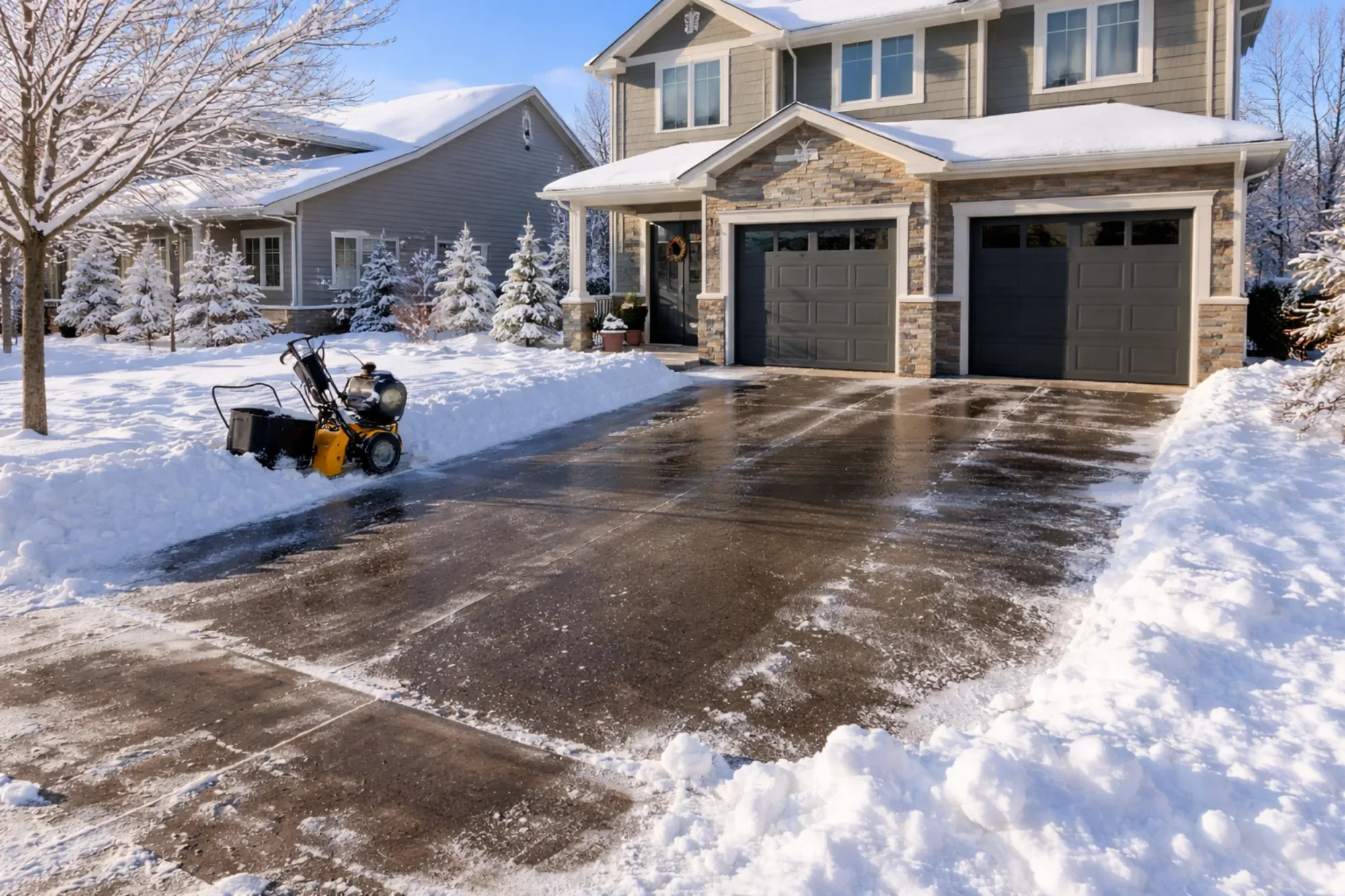 Fully cleared residential driveway showcasing professional snow removal services in Calgary, ensuring safe and accessible winter entry for homeowners.