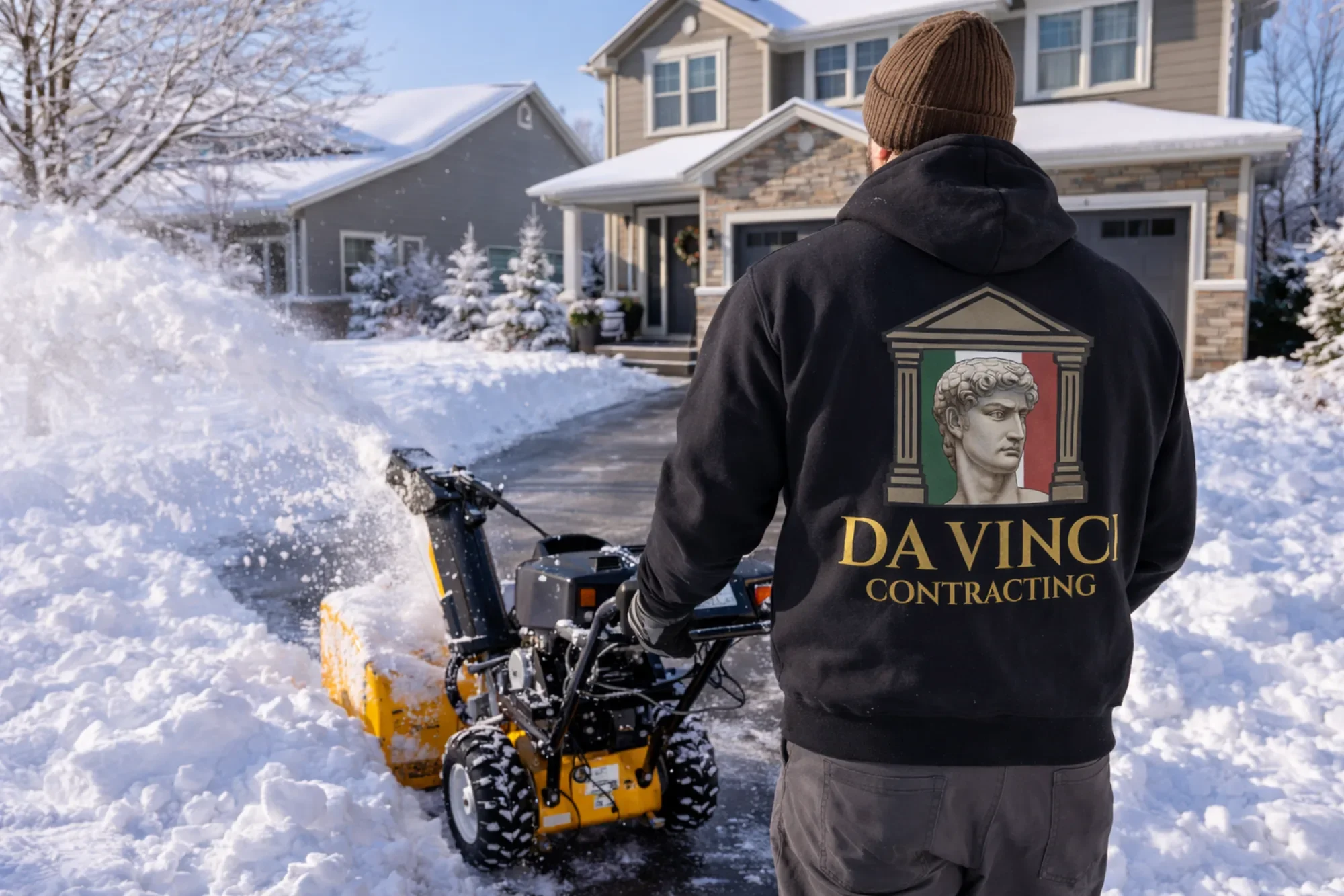 Professional snow removal service by Da Vinci Contracting, clearing a residential driveway in Calgary using commercial-grade equipment for safe winter access.
