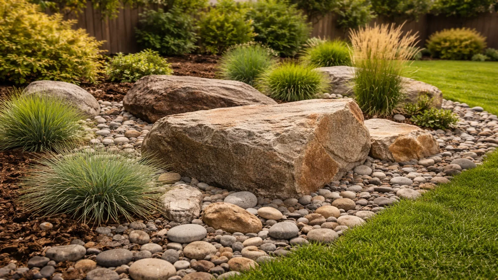 Decorative boulders and gravel landscaping installed in a residential yard in Calgary