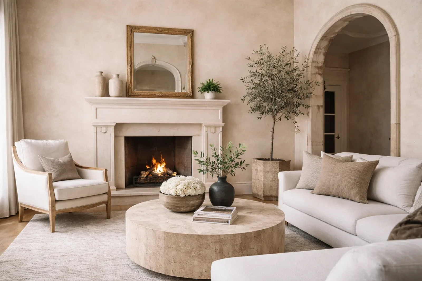 Luxury living room featuring smooth Venetian plaster walls, arched doorway, and fireplace in a Calgary home