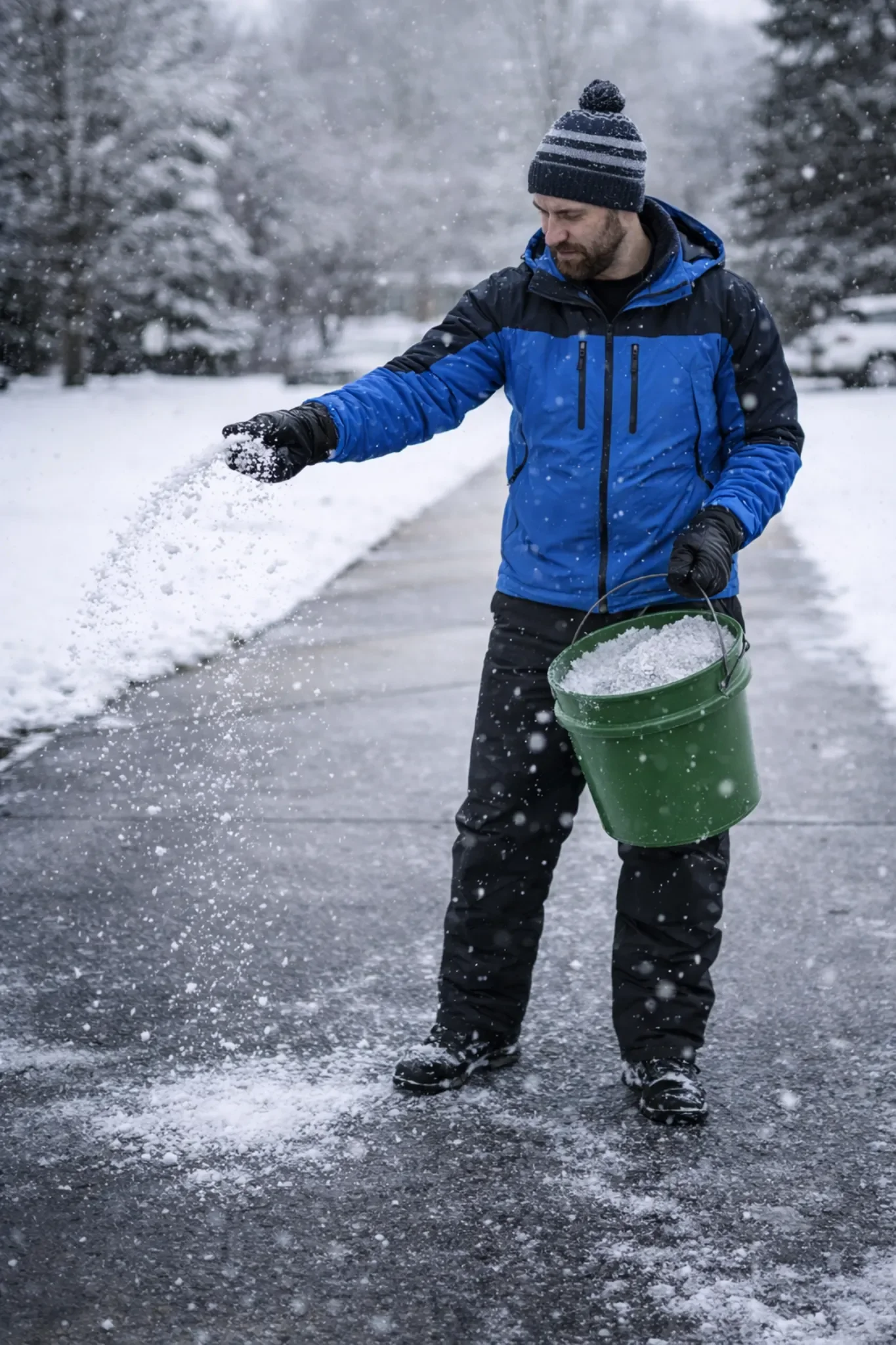 Snow and ice management service in Calgary applying salt for safe winter walkways