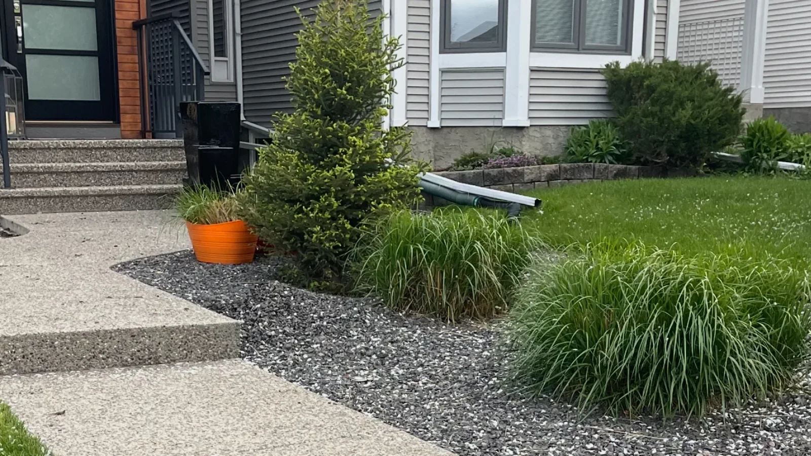 Modern front yard landscaping with decorative gravel beds, concrete walkway, and low-maintenance plants at a residential home in Calgary