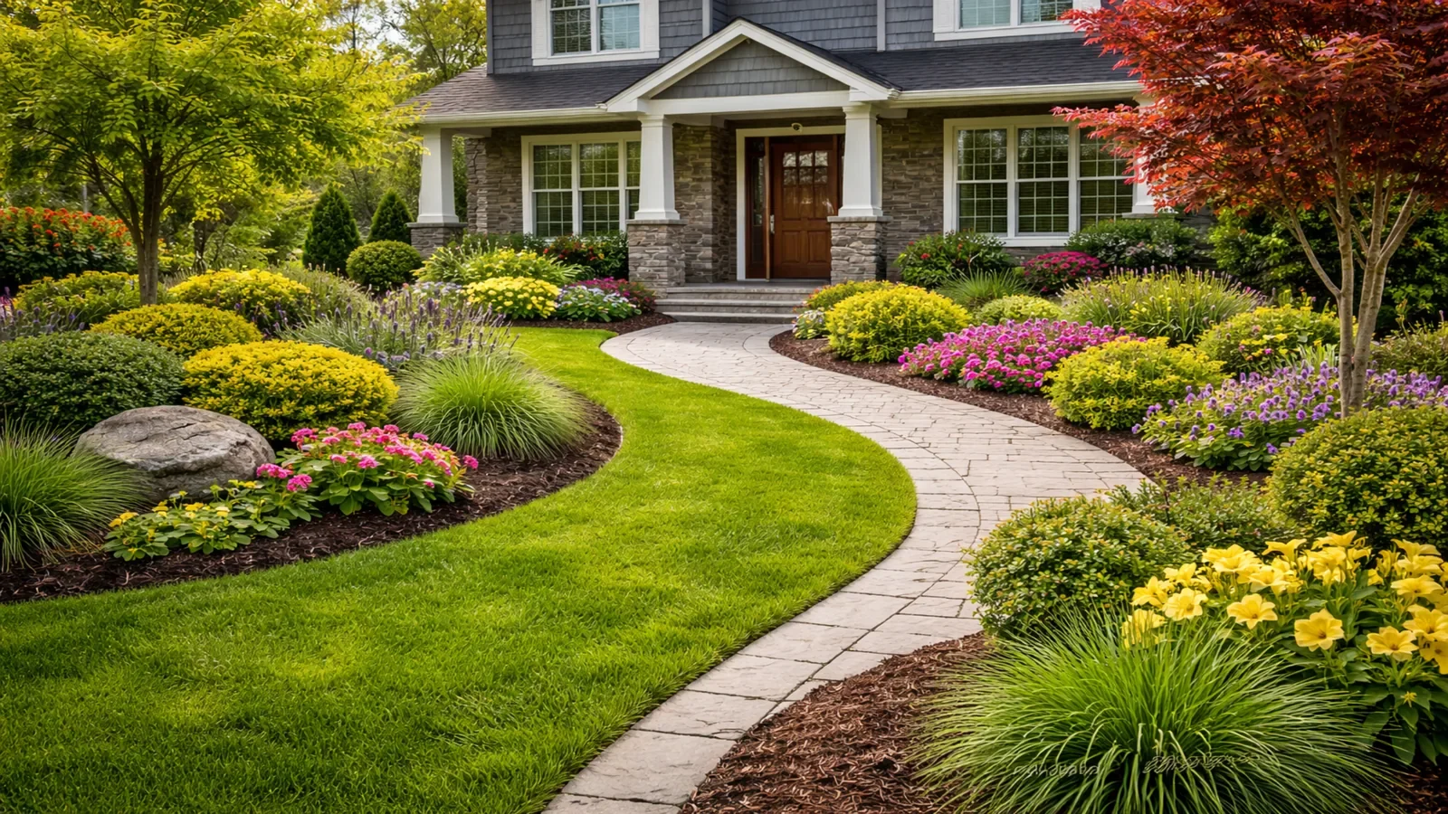 Complete front yard landscaping transformation with manicured lawn, garden beds, and stone walkway at a residential home in Calgary