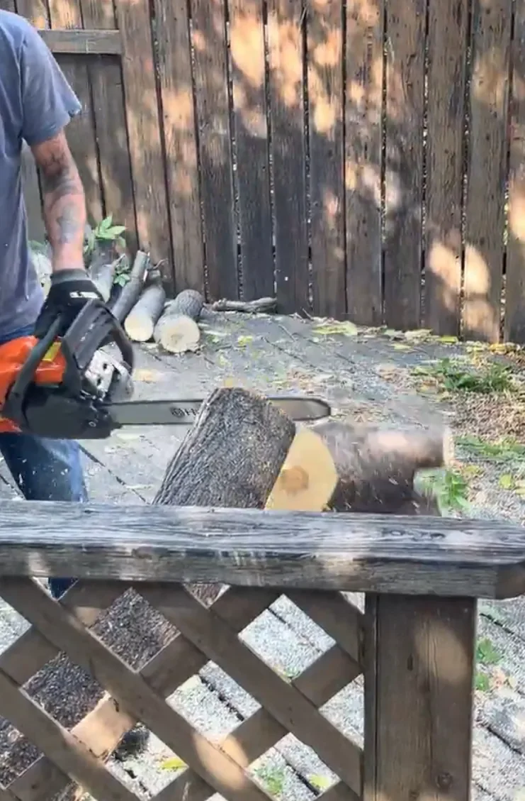 Residential tree removal work showing a professional cutting tree logs with a chainsaw in a Calgary backyard.