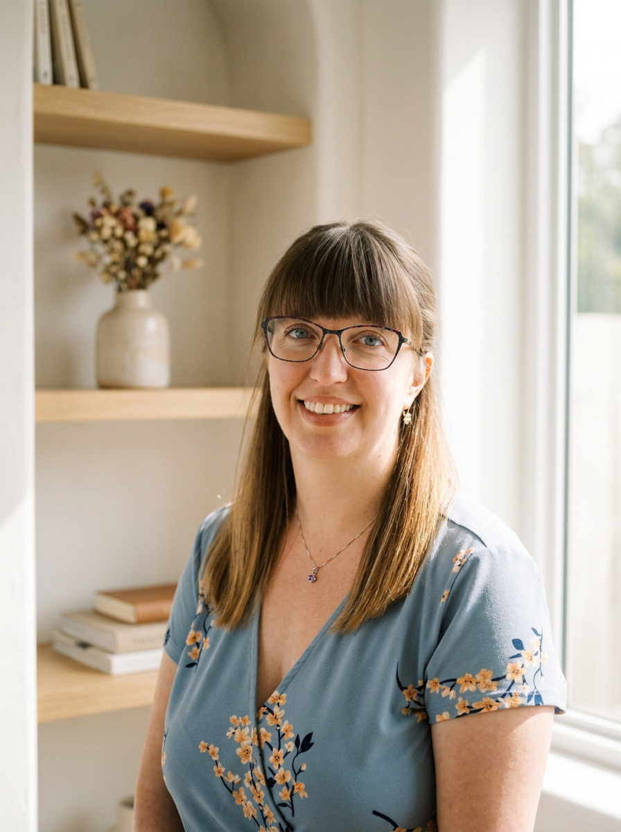 A woman with long brown hair, glasses, and earrings smiling at the camera in a room with a bookshelf and a potted plant behind her.