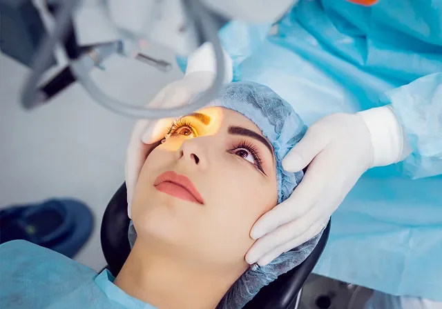 Woman receiving eyelid surgery or treatment in an operating room