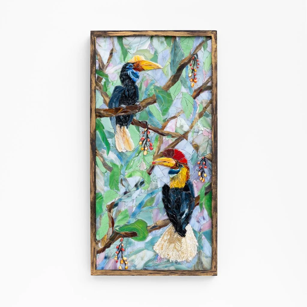 "Knobbed Hornbill Toucans” 2024   Stained Glass Mosaic 20.5 x 11