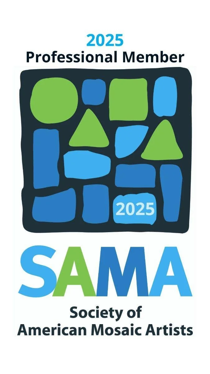 Design of a mosaic with various geometric shapes in green and blue within a black frame. The mosaic features the year 2025 and the word SAMA for Society of American Mosaic Artists.