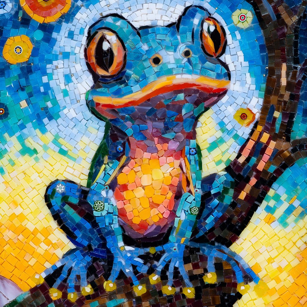Colorful mosaic art of a frog with bright colors and intricate details.