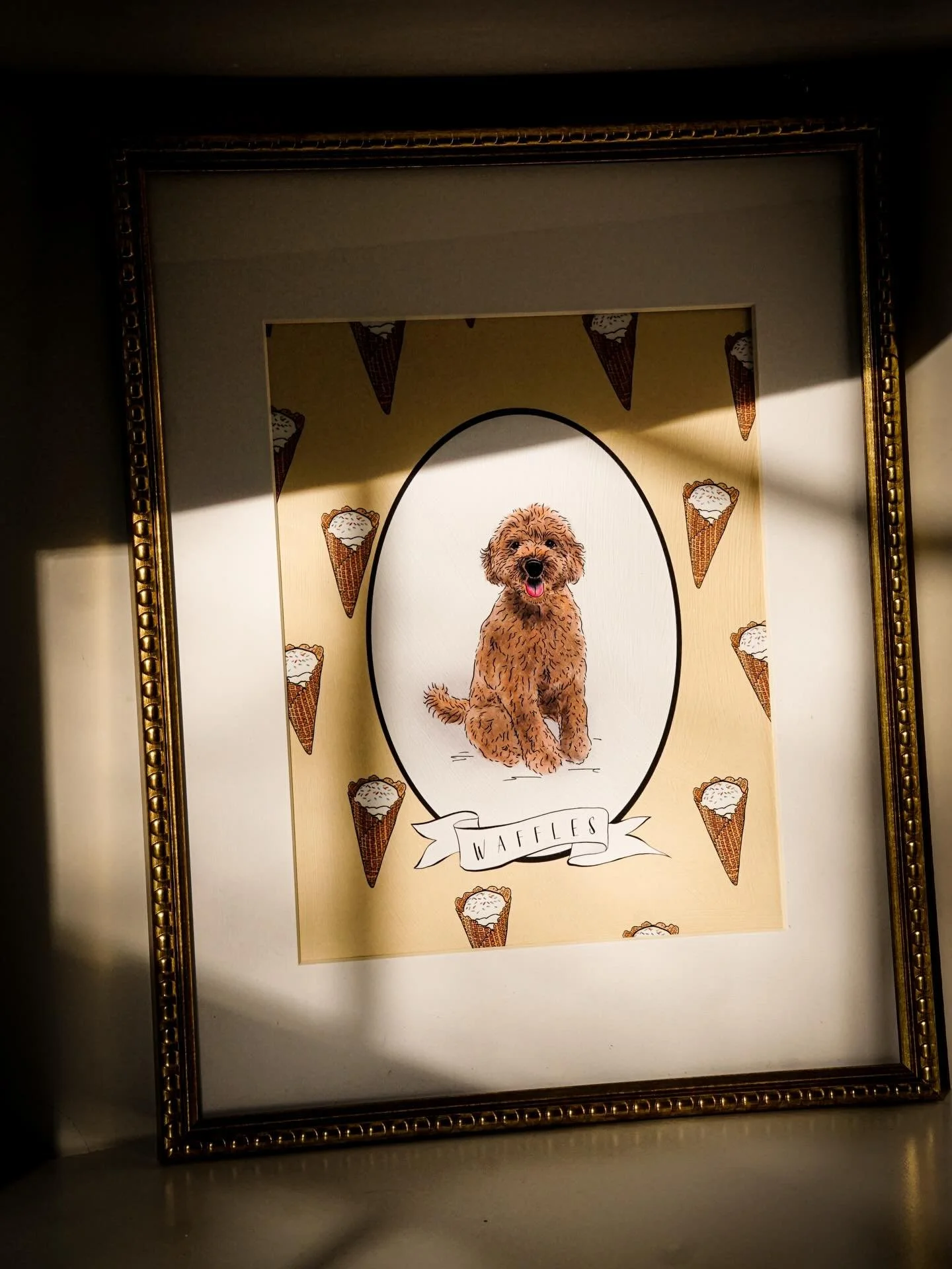 WAFFLES - The Maximalist &bull; Full Sketch - Color Pet Portrait &bull; 8x10 &bull; Custom Backdrop: ice cream with sprinkles in a waffle cone. A very floofy, very sweet, very good boy🍦🧡