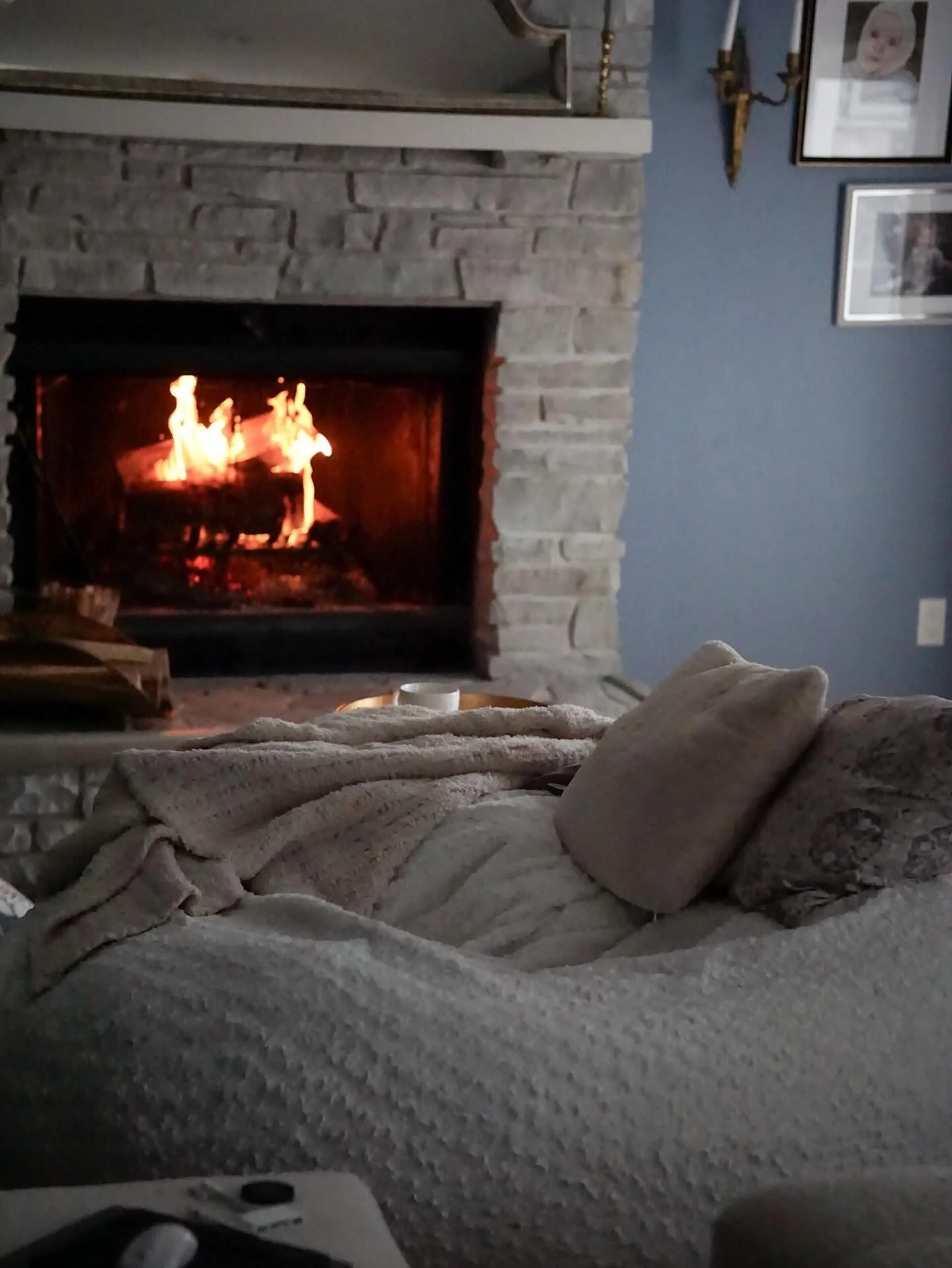 Kids napping + snow falling = home office in front of the fire. The dogs approve 💫