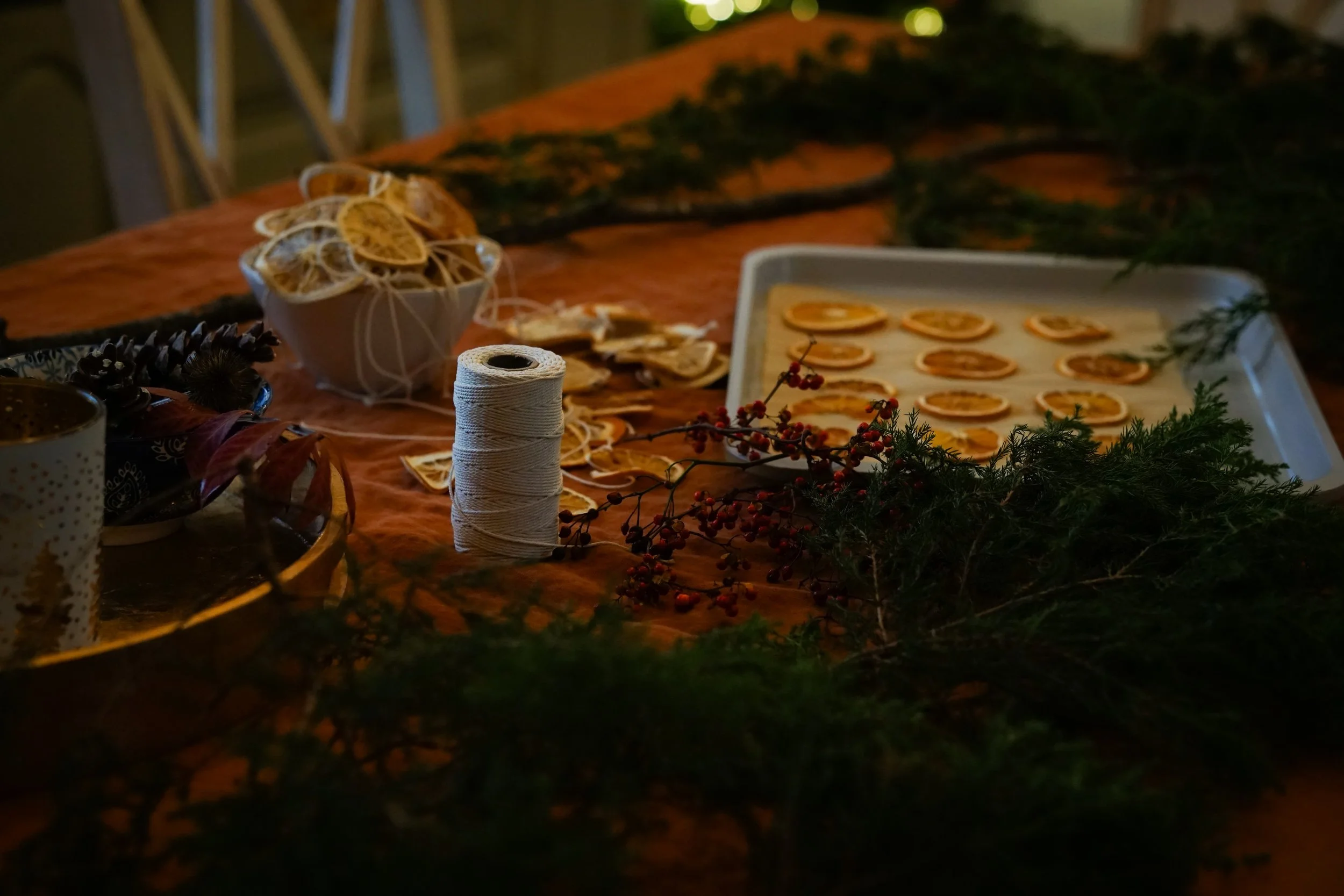 Table covered with garland materials