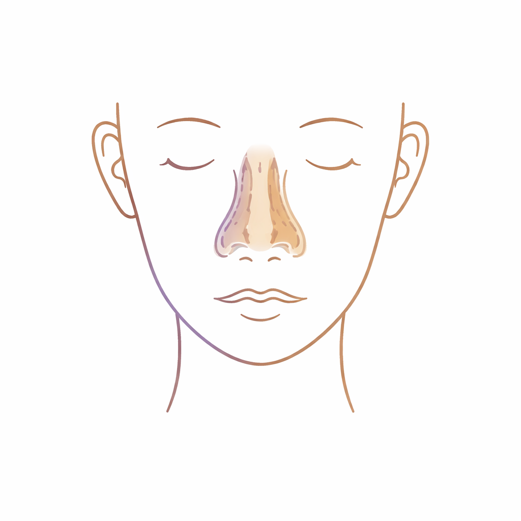 Line drawing of a person's face with closed eyes and a detailed nose.