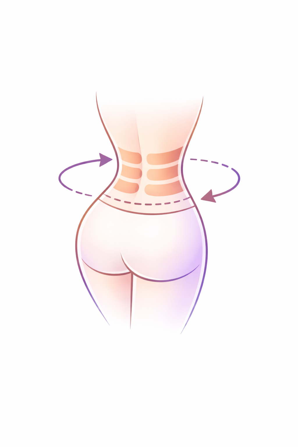 Illustration of a woman's back showing waist and lower back with highlighted areas indicating possible target zones for body contouring or fat reduction, with arrows emphasizing the waist area.