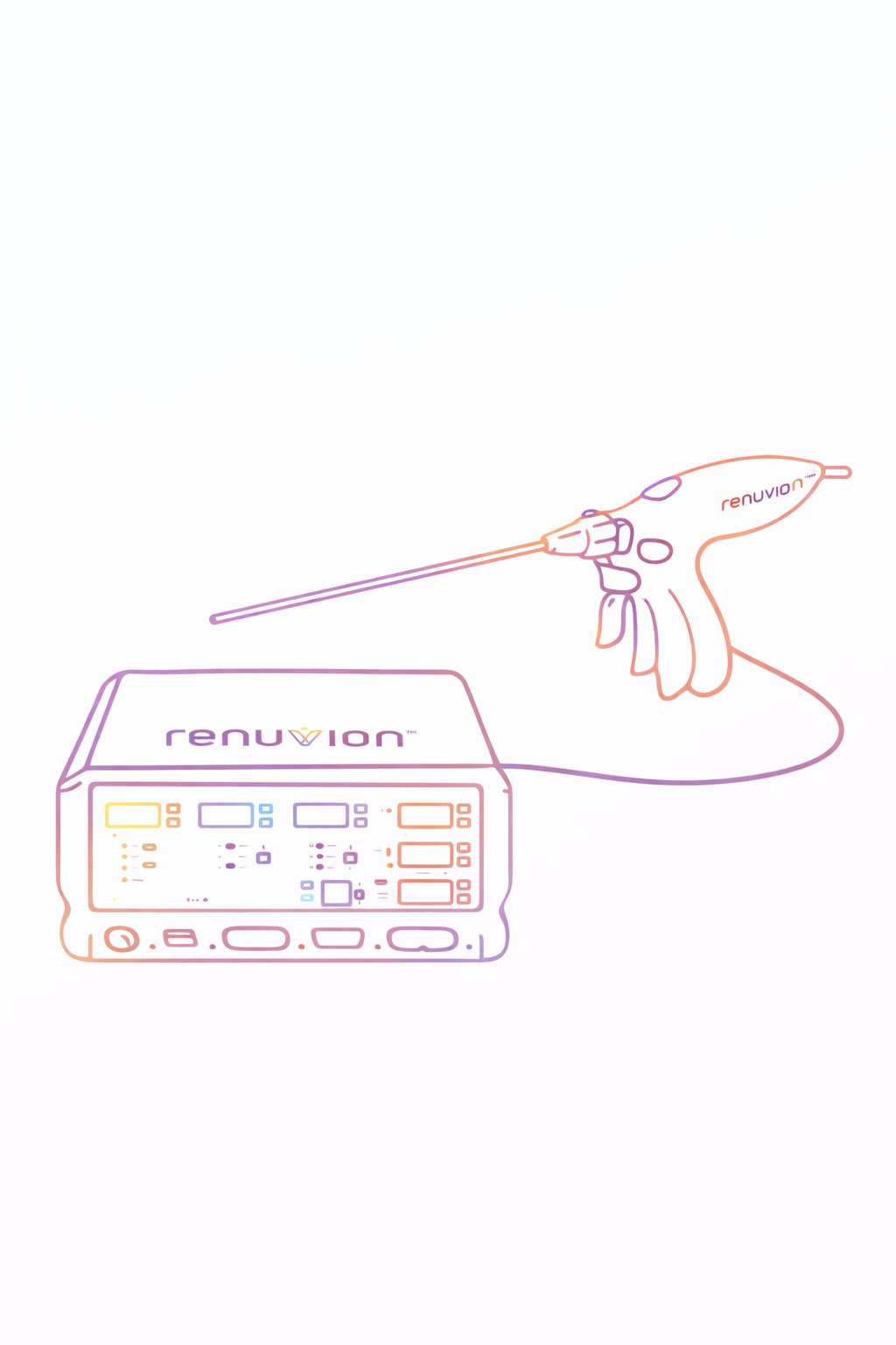 A colorful line drawing of a medical device used for skin tightening, with the brand name 'Renuvion', and a hand holding a thin, elongated instrument attached to the device, all on a white background.