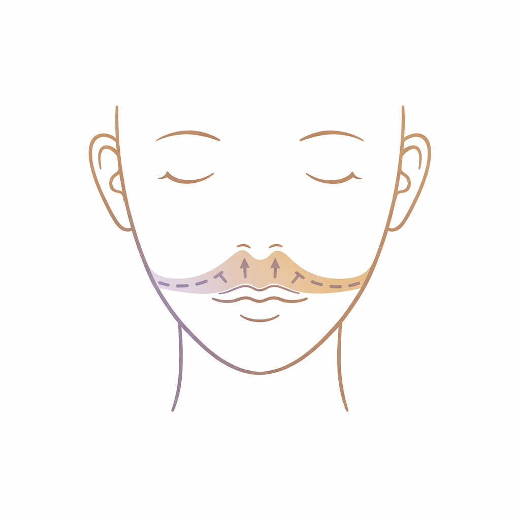 Illustration of a face with a focus on the mustache area, showing the placement of a mustache tattoo with arrows indicating the grooming direction.