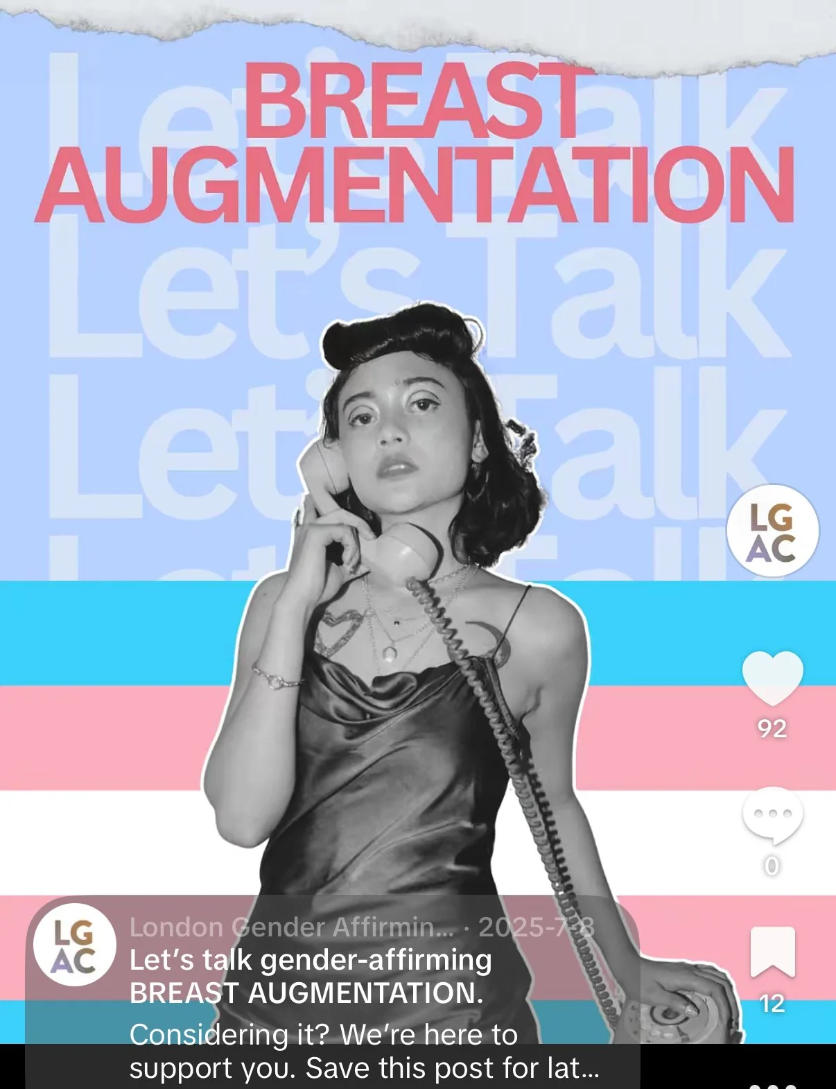 A woman in vintage style holding a landline telephone to her ear with a background featuring the words 'Let's talk' repeated, and large red text saying 'Breast Augmentation.'