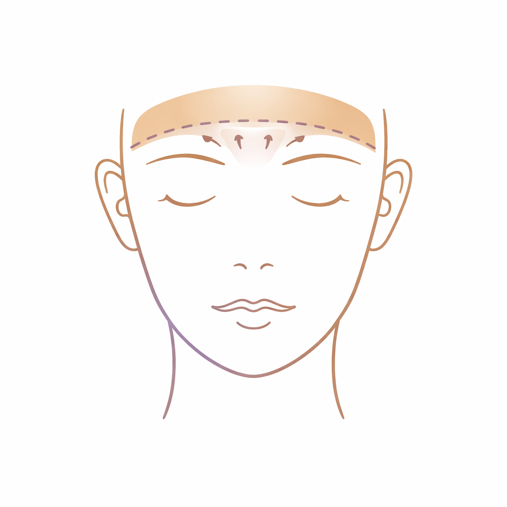 Illustration of a face with markings indicating forehead massage or facial treatment areas, with closed eyes and relaxed expression.