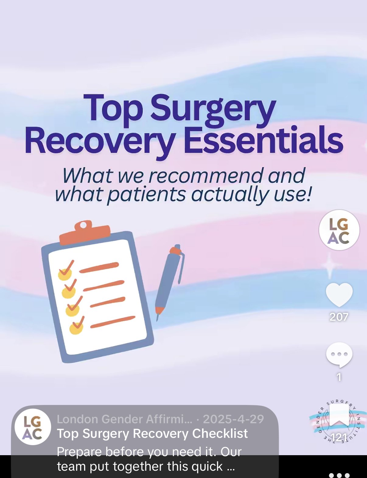 A graphic promoting top surgery recovery essentials, featuring a checklist on a clipboard and a pen, with text emphasizing recommended and actual usage of items for recovery.