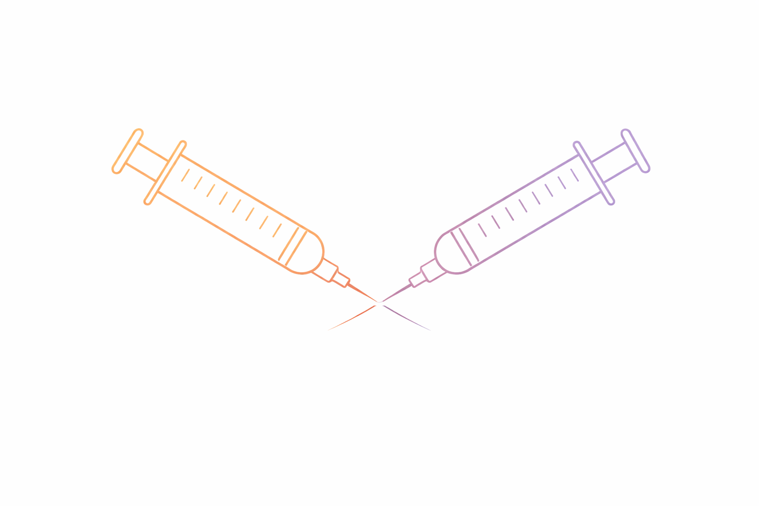 Two illustrated syringes, one orange and one purple, crossing each other points at the needle tips.