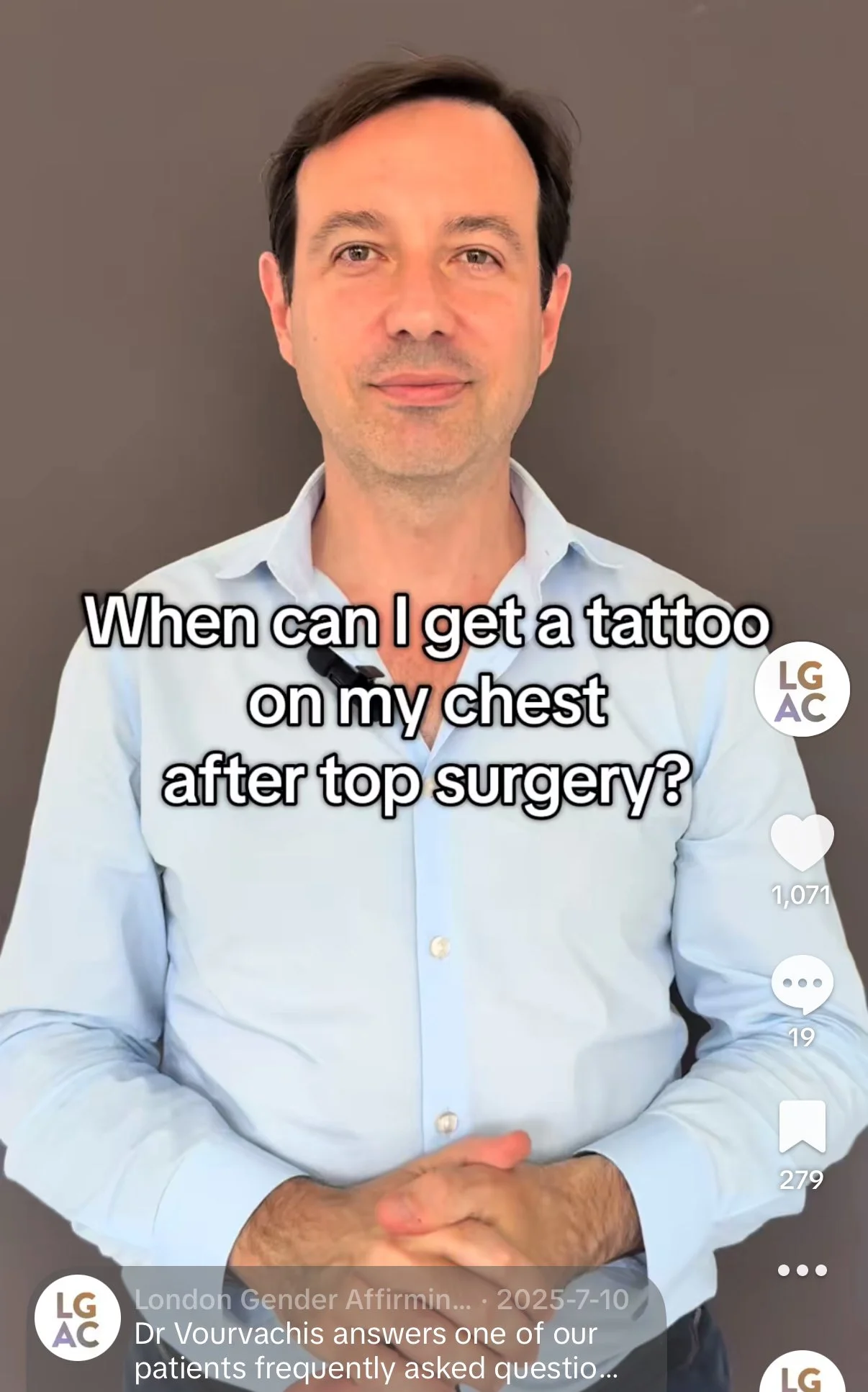 A man in a light blue shirt standing against a gray background with text overlay about getting a tattoo on his chest. The image appears to be a video thumbnail from a social media platform.